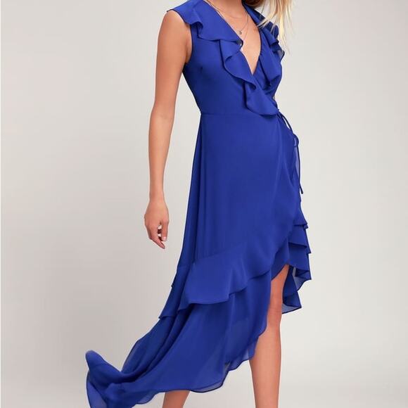 Lulus Dresses & Skirts - NWT Lulu’s Daydream Lover Cobalt Blue Asymmetrical Ruffled Wrap Dress Size L